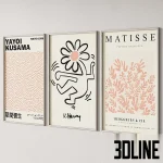 3D model set of a "Pink Vibe" gallery wall featuring 9 framed posters with artwork by Keith Haring, Matisse, Yayoi Kusama, and typography prints like "Love on Tour" and "Mind".