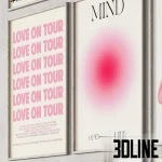 3D model set of a "Pink Vibe" gallery wall featuring 9 framed posters with artwork by Keith Haring, Matisse, Yayoi Kusama, and typography prints like "Love on Tour" and "Mind".