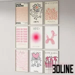 3D model set of a "Pink Vibe" gallery wall featuring 9 framed posters with artwork by Keith Haring, Matisse, Yayoi Kusama, and typography prints like "Love on Tour" and "Mind".