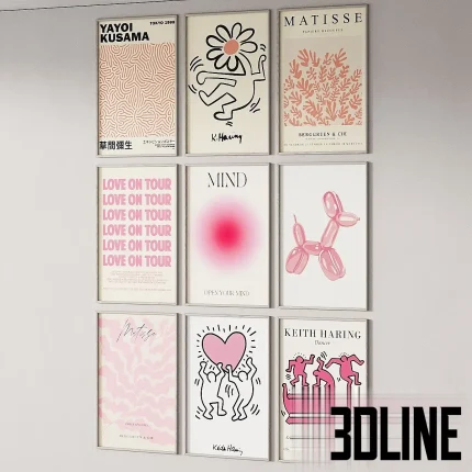 3D model set of a "Pink Vibe" gallery wall featuring 9 framed posters with artwork by Keith Haring, Matisse, Yayoi Kusama, and typography prints like "Love on Tour" and "Mind".