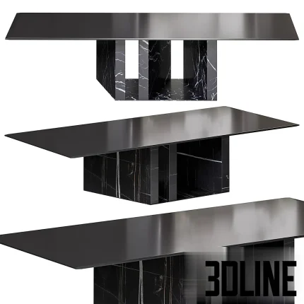 3D model of the Platium W Coffee Table by 100mileny, featuring a large rectangular top and a striking W-shaped base clad in black marble with white veining.