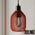 3D model set of Plumen pendant lights featuring perforated metal mesh shades (Drop Hat style) in black and orange, revealing the designer bulbs inside.