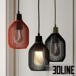 3D model set of Plumen pendant lights featuring perforated metal mesh shades (Drop Hat style) in black and orange, revealing the designer bulbs inside.