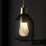 3D model set of Plumen pendant lights featuring perforated metal mesh shades (Drop Hat style) in black and orange, revealing the designer bulbs inside.