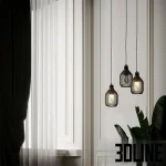 3D model set of Plumen pendant lights featuring perforated metal mesh shades (Drop Hat style) in black and orange, revealing the designer bulbs inside.