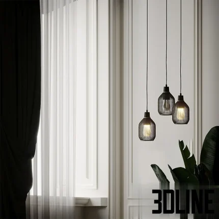 3D model set of Plumen pendant lights featuring perforated metal mesh shades (Drop Hat style) in black and orange, revealing the designer bulbs inside.