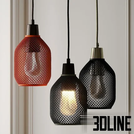 3D model set of Plumen pendant lights featuring perforated metal mesh shades (Drop Hat style) in black and orange, revealing the designer bulbs inside.