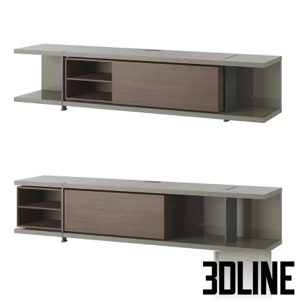 Detailed 3D model of the Poliform Bristol sideboard, a long, low-profile storage unit with a glossy beige lacquer finish and a central dark wood sliding door section.