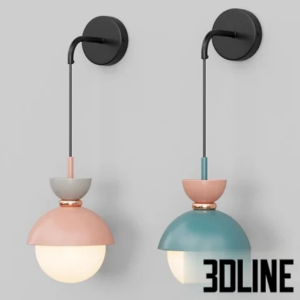 High-resolution 3D model set of POMPON wall lamps in pink and teal pastel colors with round shade and black mount