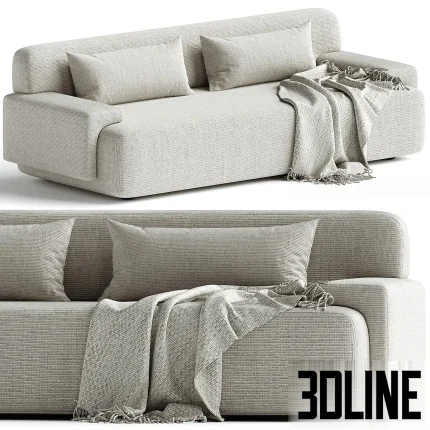 3D model of the Popus Editions Lena 3-seater sofa, characterized by a low-profile, chunky silhouette upholstered in light beige textured fabric, styled with rectangular pillows and a draped throw.