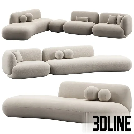 High-quality 3D model of the Jade Sofa 2 by Potocco, featuring a modular design with fluid, organic curves, varying seat depths, and spherical decorative cushions in a soft beige fabric.