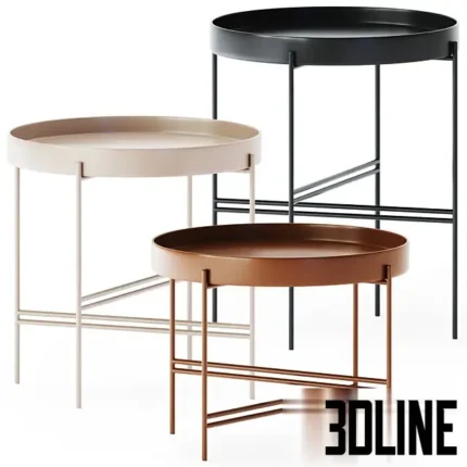 3D model set of Potocco Tray round coffee tables in black, beige, and rust colors, featuring a raised-edge metal tray top and slender cross-base legs.