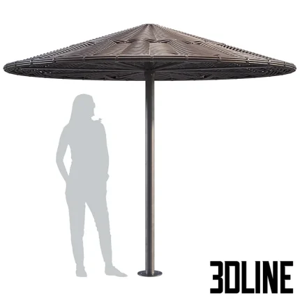 Detailed 3D model of a large, dark woven wicker beach umbrella with a conical canopy and a stainless steel pole.