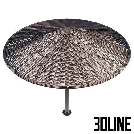 Detailed 3D model of a large, dark woven wicker beach umbrella with a conical canopy and a stainless steel pole.