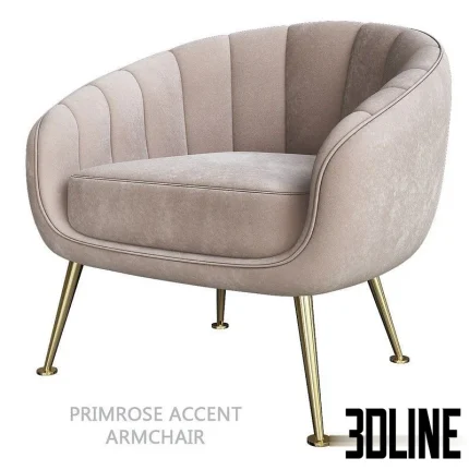 High-quality 3D model of Primrose accent armchair with scalloped velvet back and tapered gold metal legs