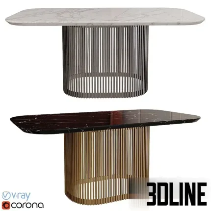 3D model of the Princeton Dining Table, featuring a luxurious oval marble top (shown in white Carrara and black Marquina variations) supported by a cylindrical base made of vertical metal slats.
