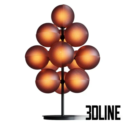 3D model of the Stellar Grape Table Lamp (Small) by Pulpo, designed by Sebastian Herkner, featuring a cluster of textured purple and grey glass spheres on a black stand.