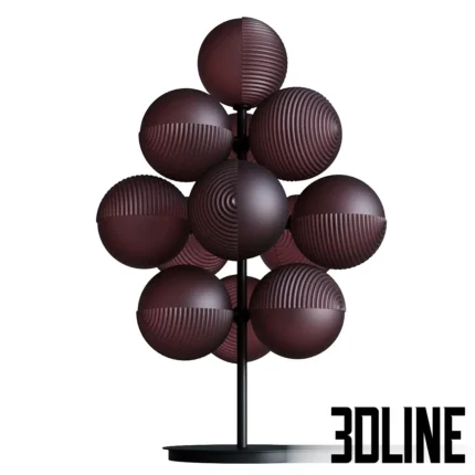 3D model of the Stellar Grape Table Lamp (Small) by Pulpo, designed by Sebastian Herkner, featuring a cluster of textured purple and grey glass spheres on a black stand.