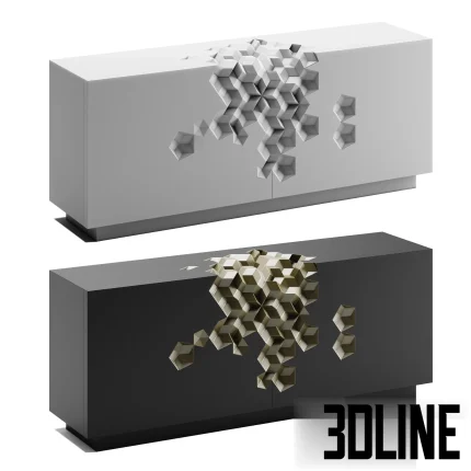 Detailed 3D model of the Quasicabinet sideboard, available in matte white and black finishes, featuring an abstract, geometric 3D facade pattern of recessed and protruding cubes.