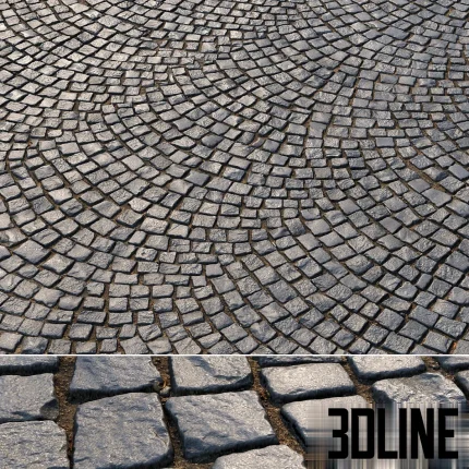 High-resolution seamless 3D texture of radial paving slabs featuring grey granite cobblestones arranged in a fan pattern with realistic grout details.