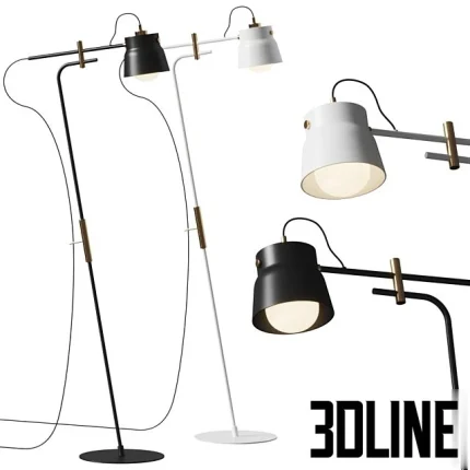 High-resolution 3D model set of two RAM FLOR floor lamps (black and white) with thin adjustable arms, metal shades, and brass joint detailing.