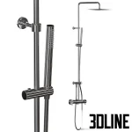 High-resolution 3D model of Ramon Soler DRAKO thermostatic shower system with square rain shower head and polished chrome finish