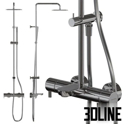 High-resolution 3D model of Ramon Soler DRAKO thermostatic shower system with square rain shower head and polished chrome finish