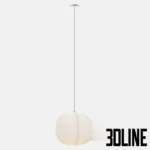 3D model set of the RBW Mori pendant light featuring a soft, organic cocoon-like shade made of stretched fabric over a wire frame, emitting a warm diffused glow.