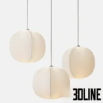 3D model set of the RBW Mori pendant light featuring a soft, organic cocoon-like shade made of stretched fabric over a wire frame, emitting a warm diffused glow.