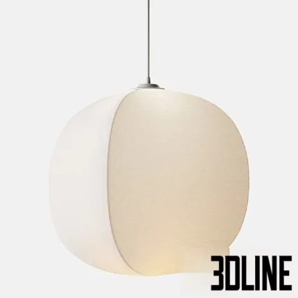 3D model set of the RBW Mori pendant light featuring a soft, organic cocoon-like shade made of stretched fabric over a wire frame, emitting a warm diffused glow.