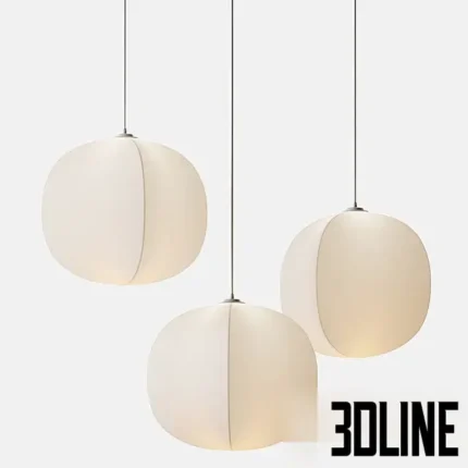 3D model set of the RBW Mori pendant light featuring a soft, organic cocoon-like shade made of stretched fabric over a wire frame, emitting a warm diffused glow.