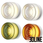 RBW Ripple wall sconces featuring thick circular glass shades with concentric ring textures, shown in amber, olive green, and clear glass finishes with a metallic backplate.