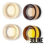 RBW Ripple wall sconces featuring thick circular glass shades with concentric ring textures, shown in amber, olive green, and clear glass finishes with a metallic backplate.