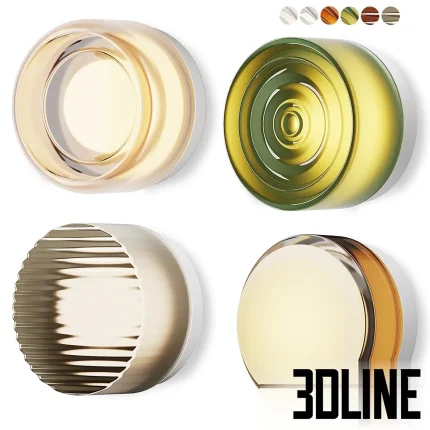RBW Ripple wall sconces featuring thick circular glass shades with concentric ring textures, shown in amber, olive green, and clear glass finishes with a metallic backplate.