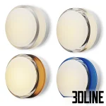 RBW Ripple wall sconces featuring thick circular glass shades with concentric ring textures, shown in amber, olive green, and clear glass finishes with a metallic backplate.