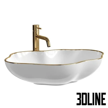 Detailed 3D model of the REA Pearl Opzetwastafel washbasin, a white ceramic sink with a scalloped edge and polished gold trim, complete with a matching tall gold faucet.