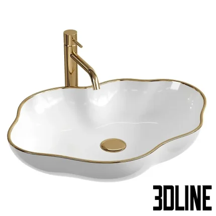 Detailed 3D model of the REA Pearl Opzetwastafel washbasin, a white ceramic sink with a scalloped edge and polished gold trim, complete with a matching tall gold faucet.