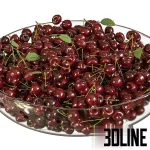 Photorealistic 3D model of a large quantity of fresh red cherries with stems and leaves, overflowing a clear glass bowl, perfect for food visualizations.