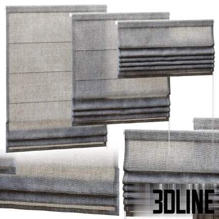 3D model set of realistic Roman blinds in a grey linen texture, shown in various states of deployment (fully down, partially raised with soft folds) and different widths.