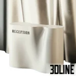 High-resolution 3D model of a simple, modern cylindrical reception desk with a smooth matte finish, set against a background of dramatic draping fabric.