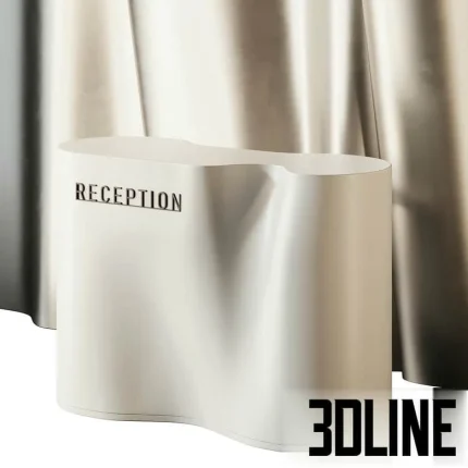High-resolution 3D model of a simple, modern cylindrical reception desk with a smooth matte finish, set against a background of dramatic draping fabric.