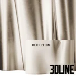 High-resolution 3D model of a simple, modern cylindrical reception desk with a smooth matte finish, set against a background of dramatic draping fabric.