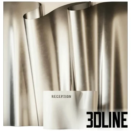 High-resolution 3D model of a simple, modern cylindrical reception desk with a smooth matte finish, set against a background of dramatic draping fabric.