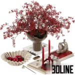 3D model of a festive decorative set featuring a rustic brown vase filled with vibrant red berry branches, paired with red taper candles and a sculpture.