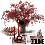 3D model of a festive decorative set featuring a rustic brown vase filled with vibrant red berry branches, paired with red taper candles and a sculpture.
