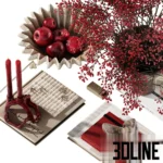 3D model of a festive decorative set featuring a rustic brown vase filled with vibrant red berry branches, paired with red taper candles and a sculpture.
