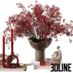 3D model of a festive decorative set featuring a rustic brown vase filled with vibrant red berry branches, paired with red taper candles and a sculpture.