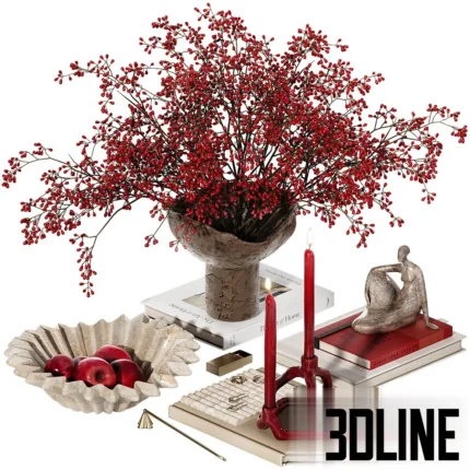 3D model of a festive decorative set featuring a rustic brown vase filled with vibrant red berry branches, paired with red taper candles and a sculpture.
