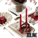 3D model of a festive decorative set featuring a rustic brown vase filled with vibrant red berry branches, paired with red taper candles and a sculpture.