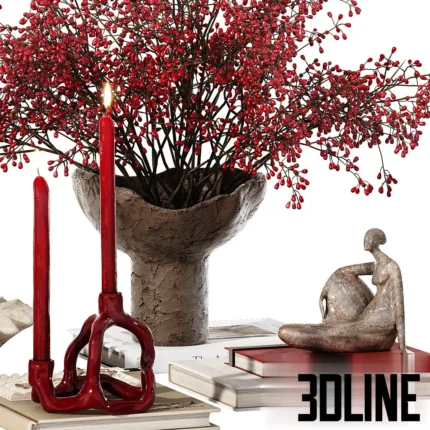 3D model of a festive decorative set featuring a rustic brown vase filled with vibrant red berry branches, paired with red taper candles and a sculpture.